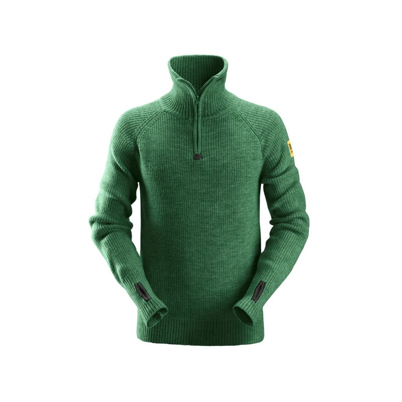 Vlněný svetr s ½ zipem zelený - 1